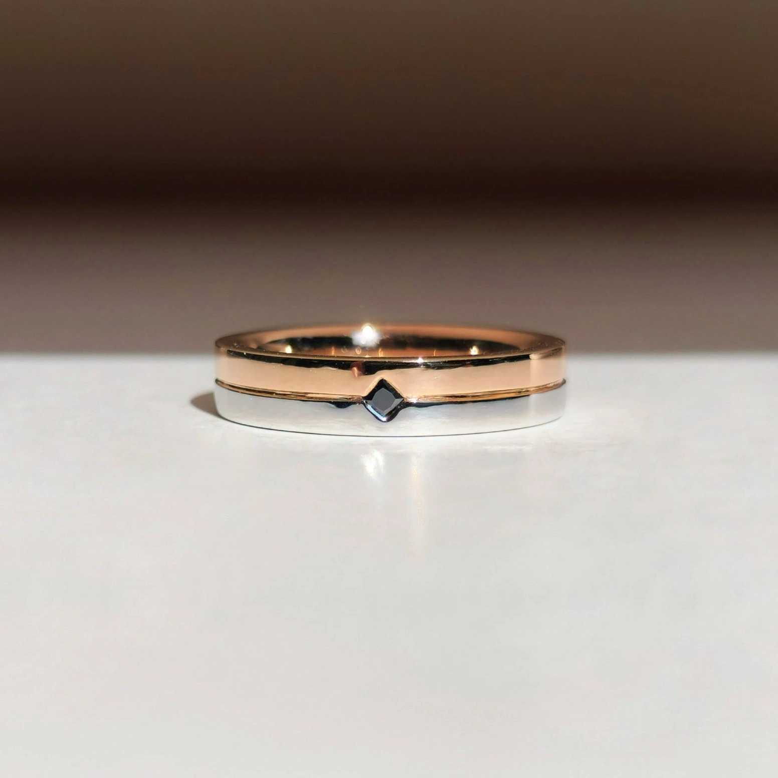 Men’s Black Diamond Wedding Ring in 18k Rose Gold and White Gold