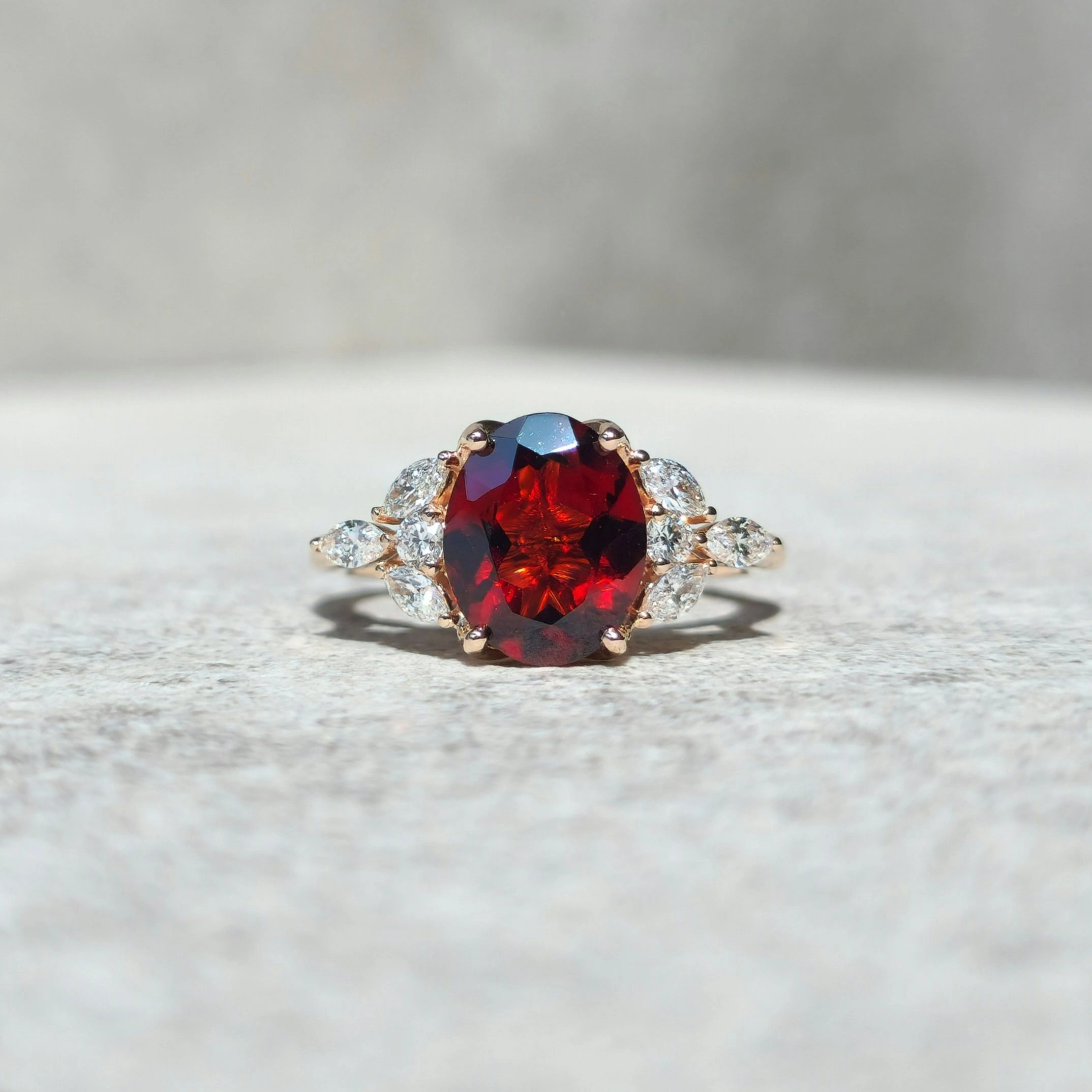 Red Garnet Ring with Diamonds in 18k Rose Gold