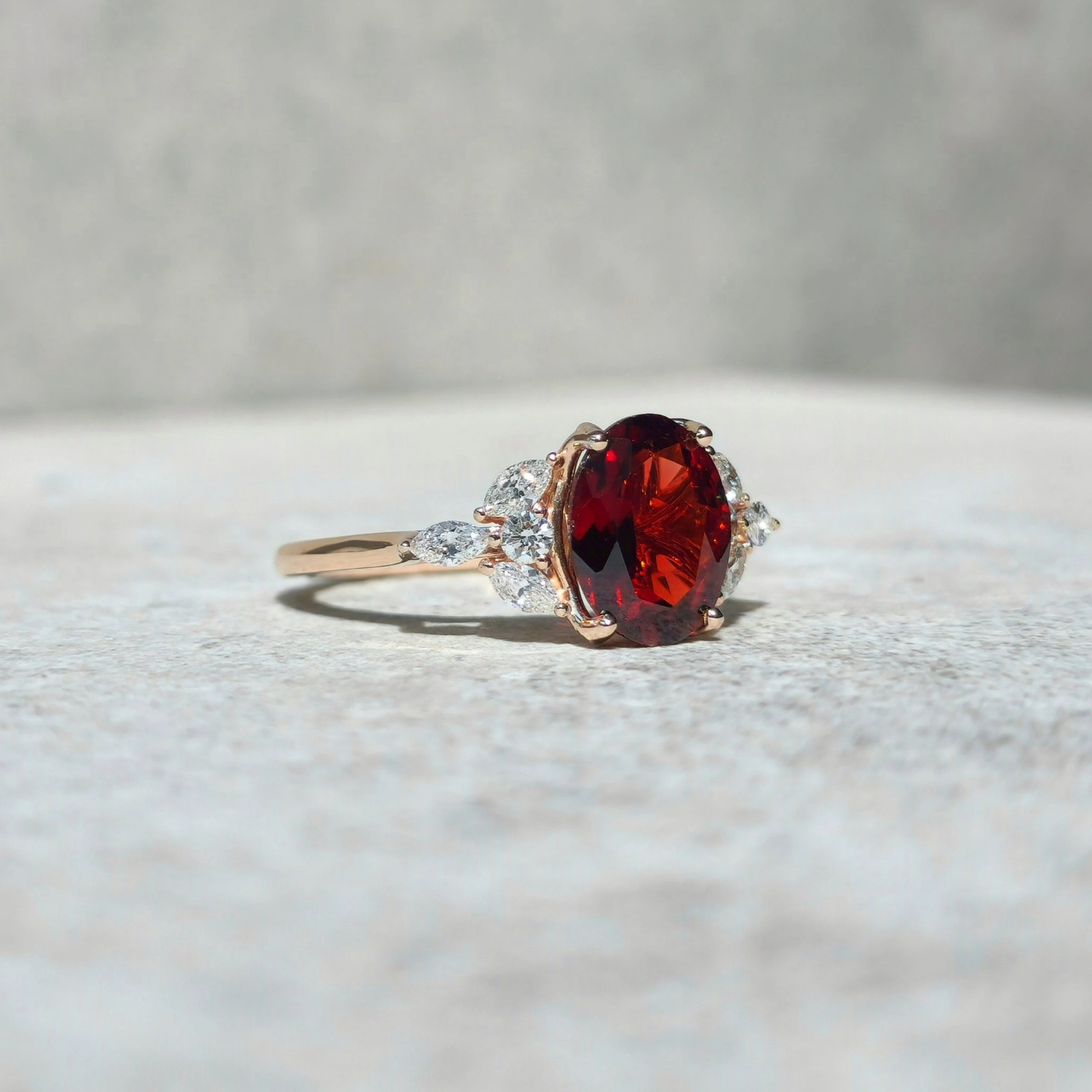 Red Garnet Ring with Diamonds in 18k Rose Gold