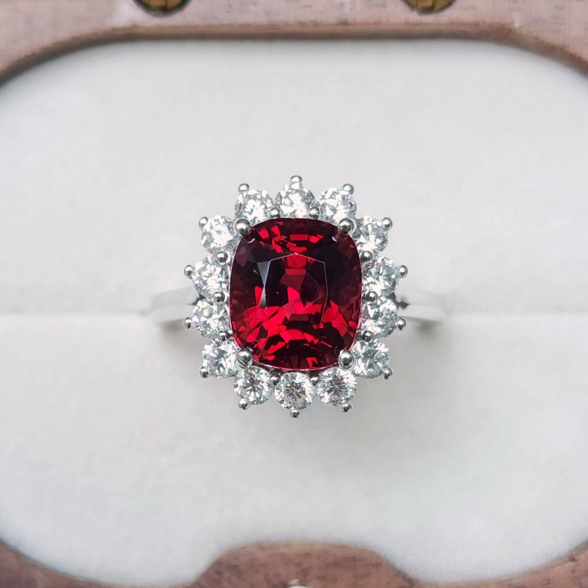 Red Spinel Ring with Diamond Halo in 18k White Gold