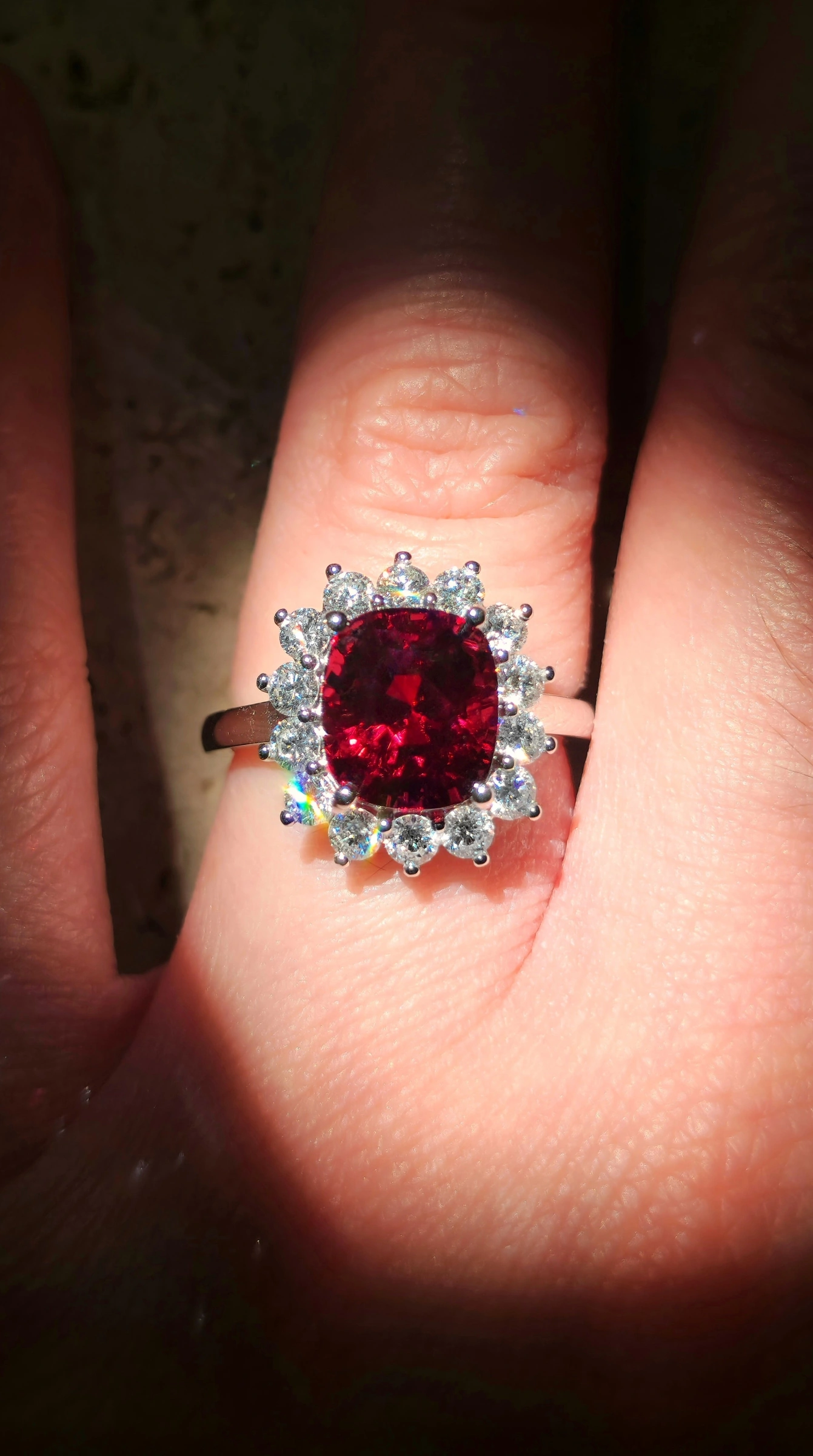 Red Spinel Ring with Diamond Halo in 18k White Gold