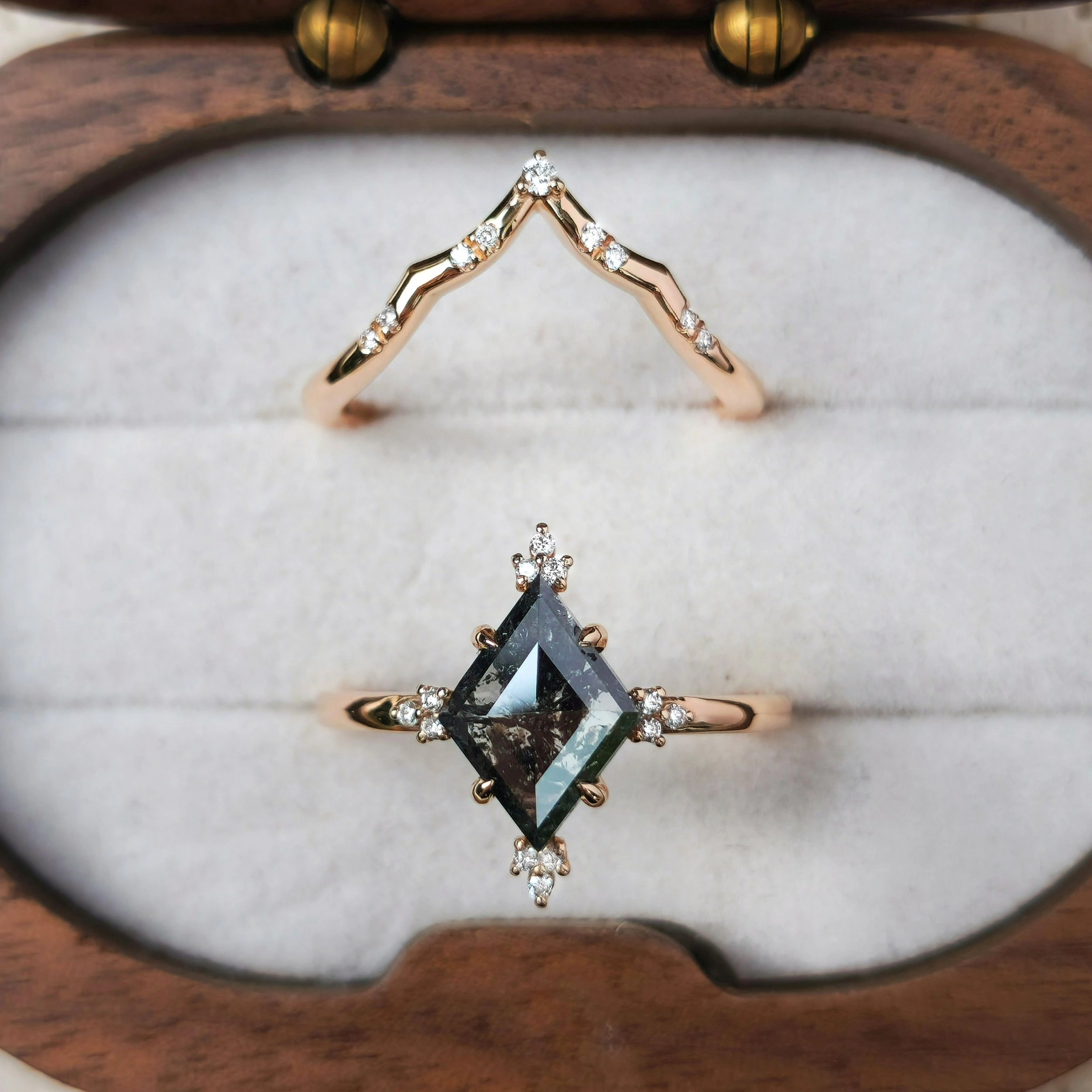 Salt and Pepper Kite Diamond Engagement Ring in 18k Rose Gold