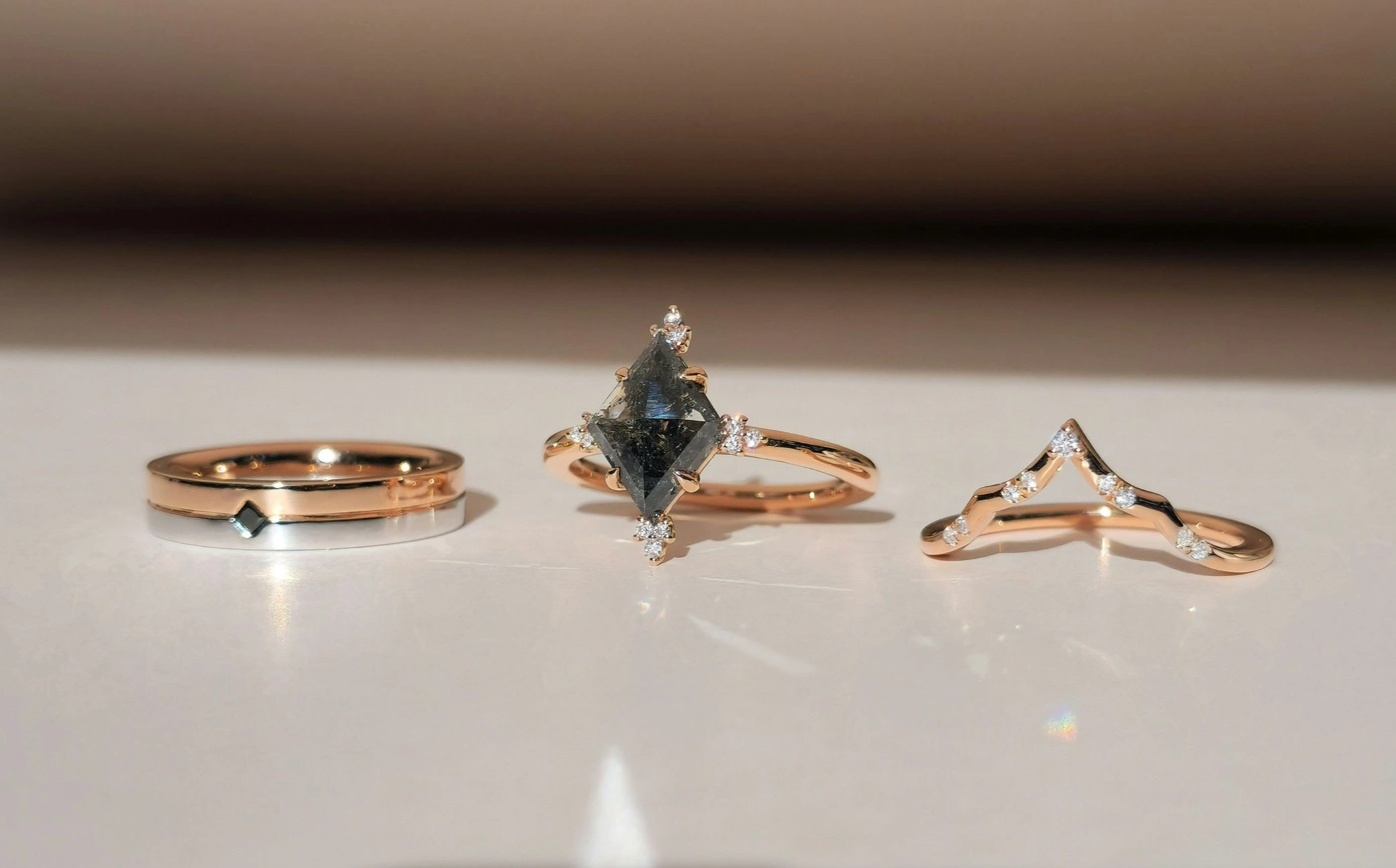 Salt and Pepper Kite Diamond Engagement Ring in 18k Rose Gold