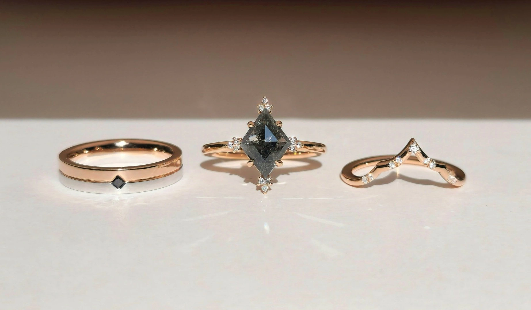 Salt and Pepper Kite Diamond Engagement Ring in 18k Rose Gold